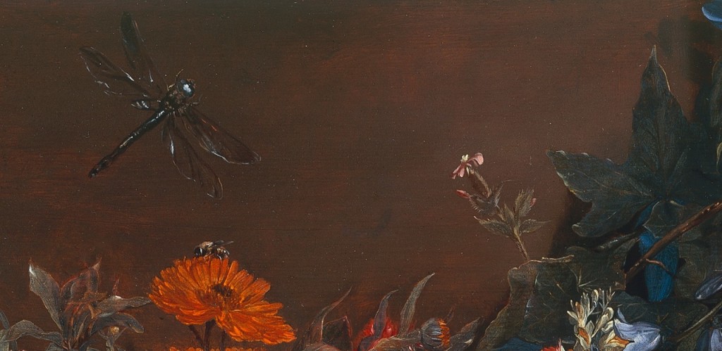 Michaelina Wautier, Blumengirlande mit Prachtlibelle Detail